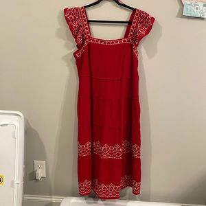 Embroidered Ruffle Sleeve Midi Dress